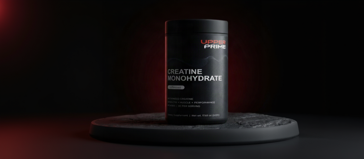 Upper Prime Creatine Monohydrate on a dark slate stand